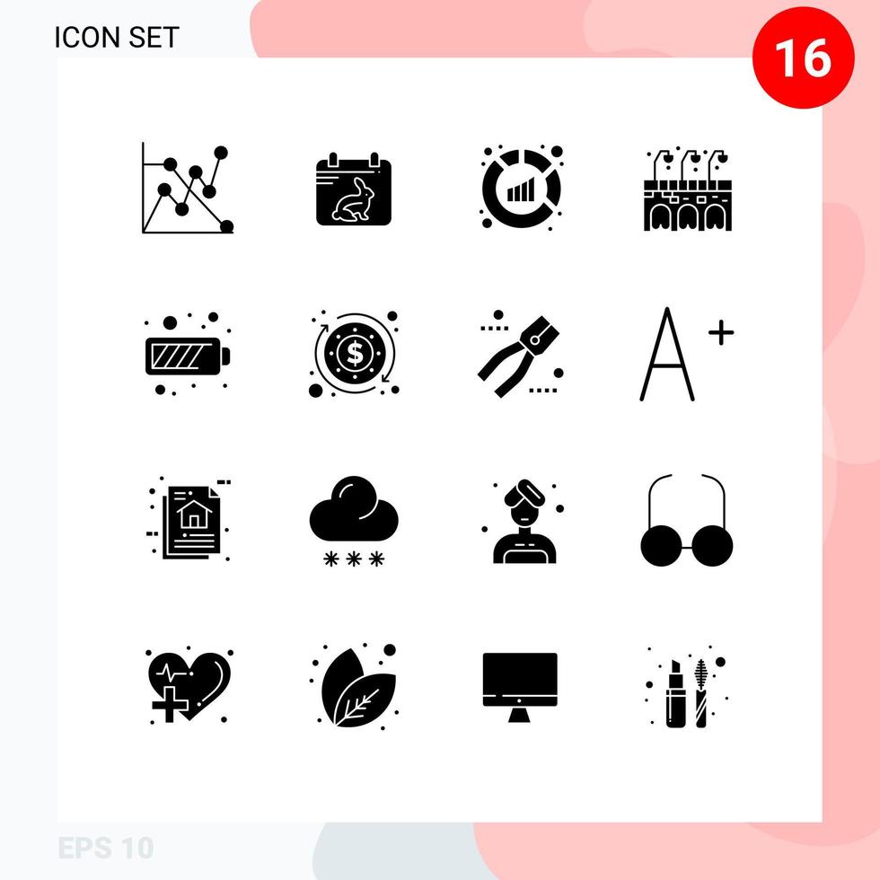 pictogramme ensemble de 16 glyphes solides simples de rapport de charge d'énergie durée de vie de la batterie éléments de conception vectoriels modifiables vecteur