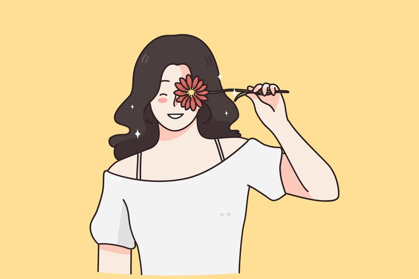 journée internationale de la femme, concept de cadeau de fleurs. jeune femme souriante heureuse tenant une marguerite gerbera orange couvrant son œil avec les yeux fermés illustration vectorielle vecteur