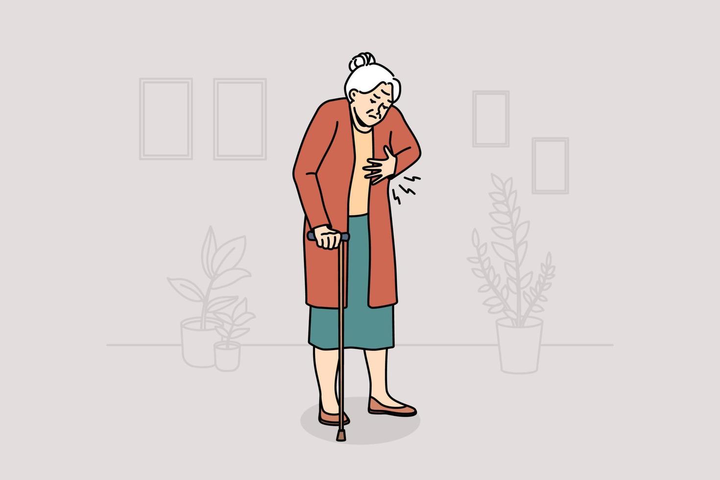 une femme âgée malsaine touche le cœur souffre de douleur. une grand-mère mature souffrant d'un arrêt cardiaque ou d'un infarctus. concept de soins de santé. illustration vectorielle. vecteur