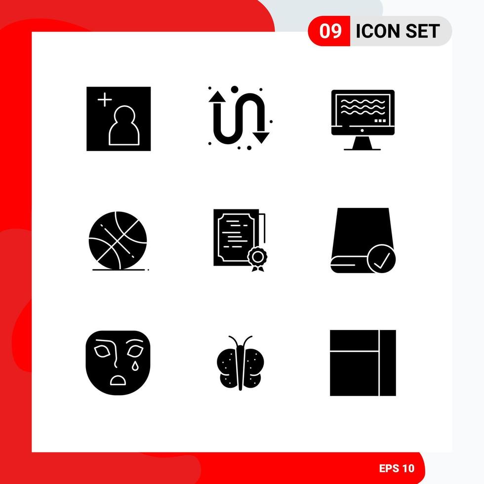 interface mobile glyphe solide ensemble de 9 pictogrammes de document de timbre certificat de diffusion en direct sport éléments de conception vectoriels modifiables vecteur