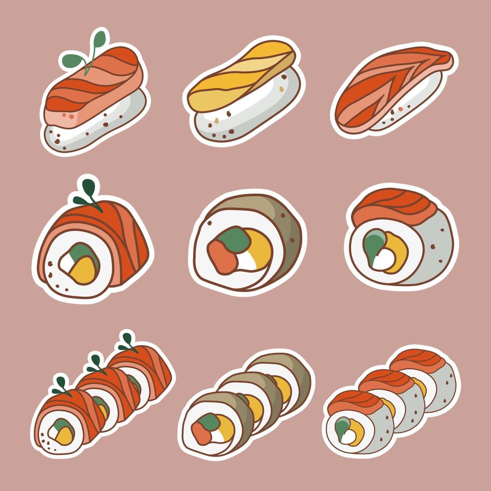 ensemble de sushis différents. nourriture japonaise. autocollants de cuisine asiatique. convient aux bannières de restaurant, aux logos et aux publicités de restauration rapide. vecteur