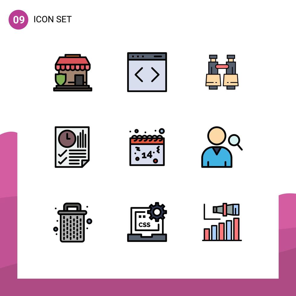 groupe de 9 signes et symboles de couleurs plates remplies pour les données de page de jumelles de rapport de calendrier éléments de conception vectoriels modifiables vecteur