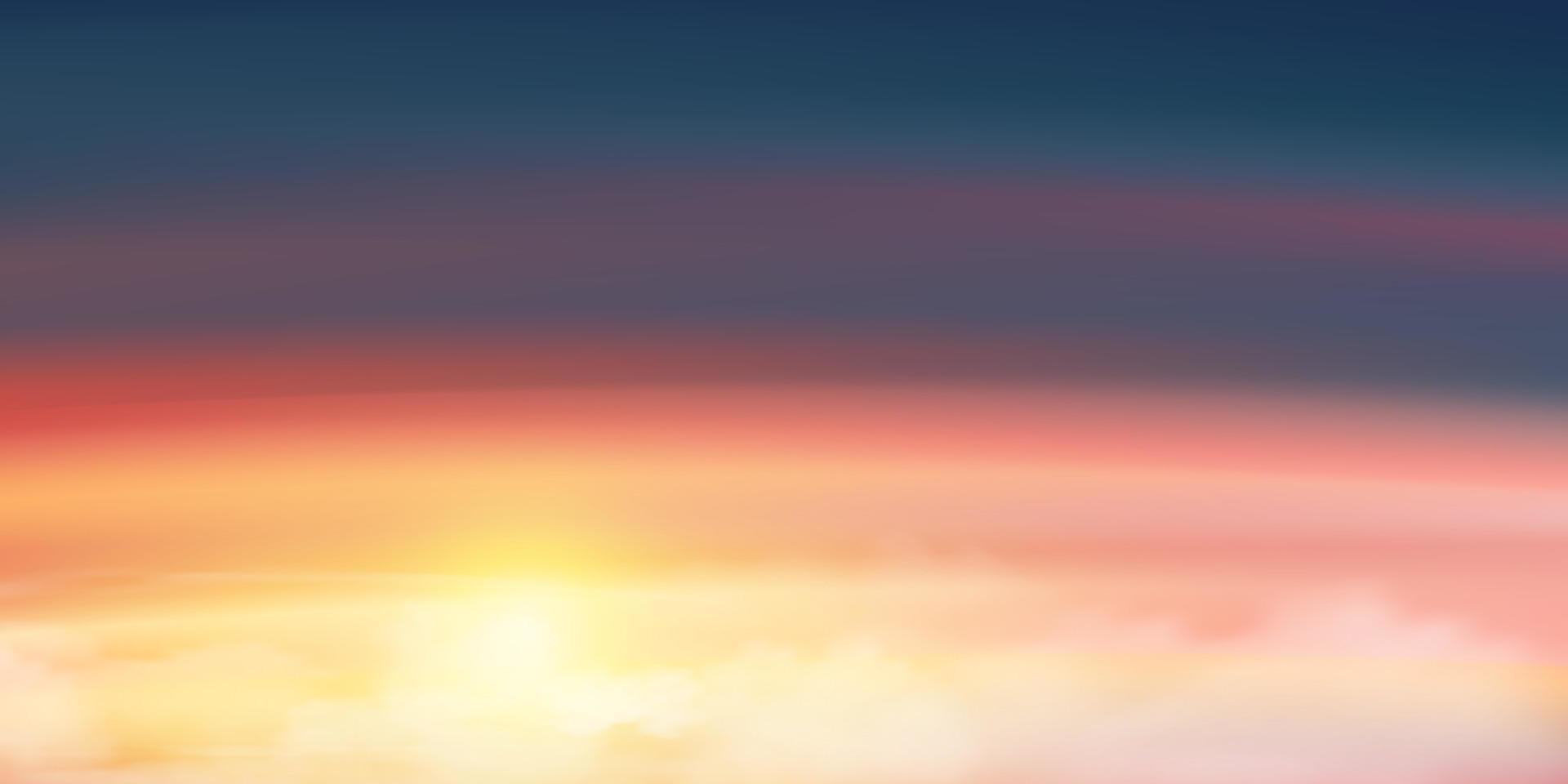 soirée coucher de soleil avec ciel orange, jaune, rose, violet, bleu, paysage crépusculaire dramatique avec coucher de soleil en soirée, horizon vectoriel bannière de ciel romantique du lever du soleil ou de la lumière du soleil pour le fond des quatre saisons