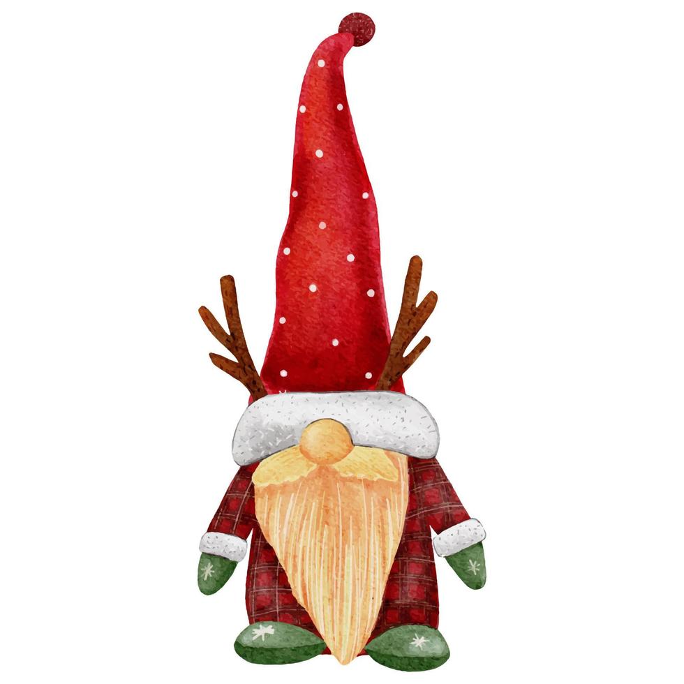 gnome de noël portant le chapeau rouge du père noël isolé sur fond blanc. peinture à la main aquarelle mignons nains scandinaves, caractère d'éléments d'illustration vectorielle pour joyeux noël, voeux de nouvel an vecteur