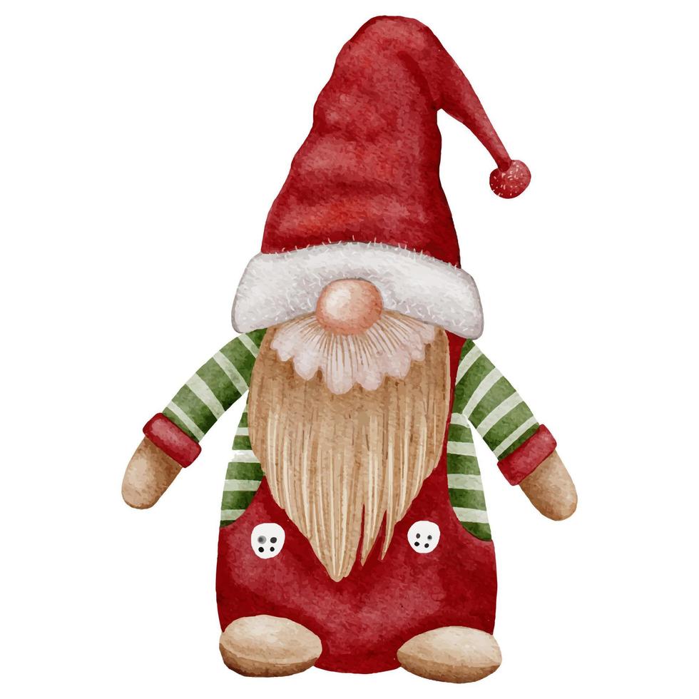 gnome de noël portant le chapeau rouge du père noël isolé sur fond blanc. peinture à la main aquarelle mignons nains scandinaves, caractère d'éléments d'illustration vectorielle pour joyeux noël, voeux de nouvel an vecteur