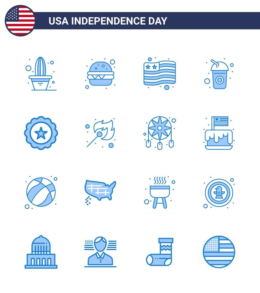 joyeux jour de l'indépendance 16 pack d'icônes blues pour le web et l'impression usa boisson drapeau verre boisson modifiable usa day vector design elements