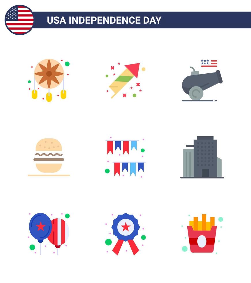 usa joyeux jour de l'indépendancepictogramme ensemble de 9 appartements simples de guirlande usa big gun burger américain modifiable usa day vector design elements