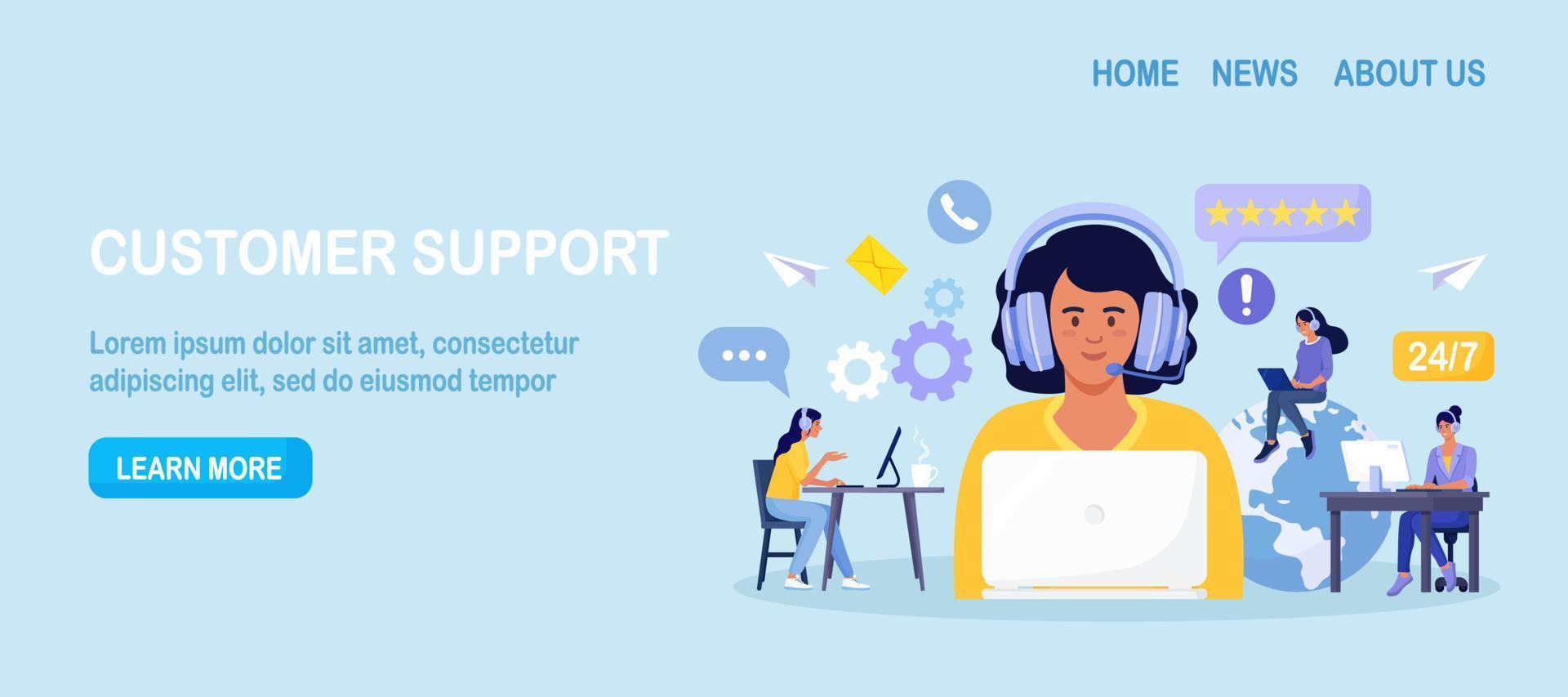 service client. Nous contacter. femme avec casque et microphone avec ordinateur portable parlant avec des clients. service d'assistant personnel, opérateur de hotline conseille le client, support technique mondial en ligne vecteur