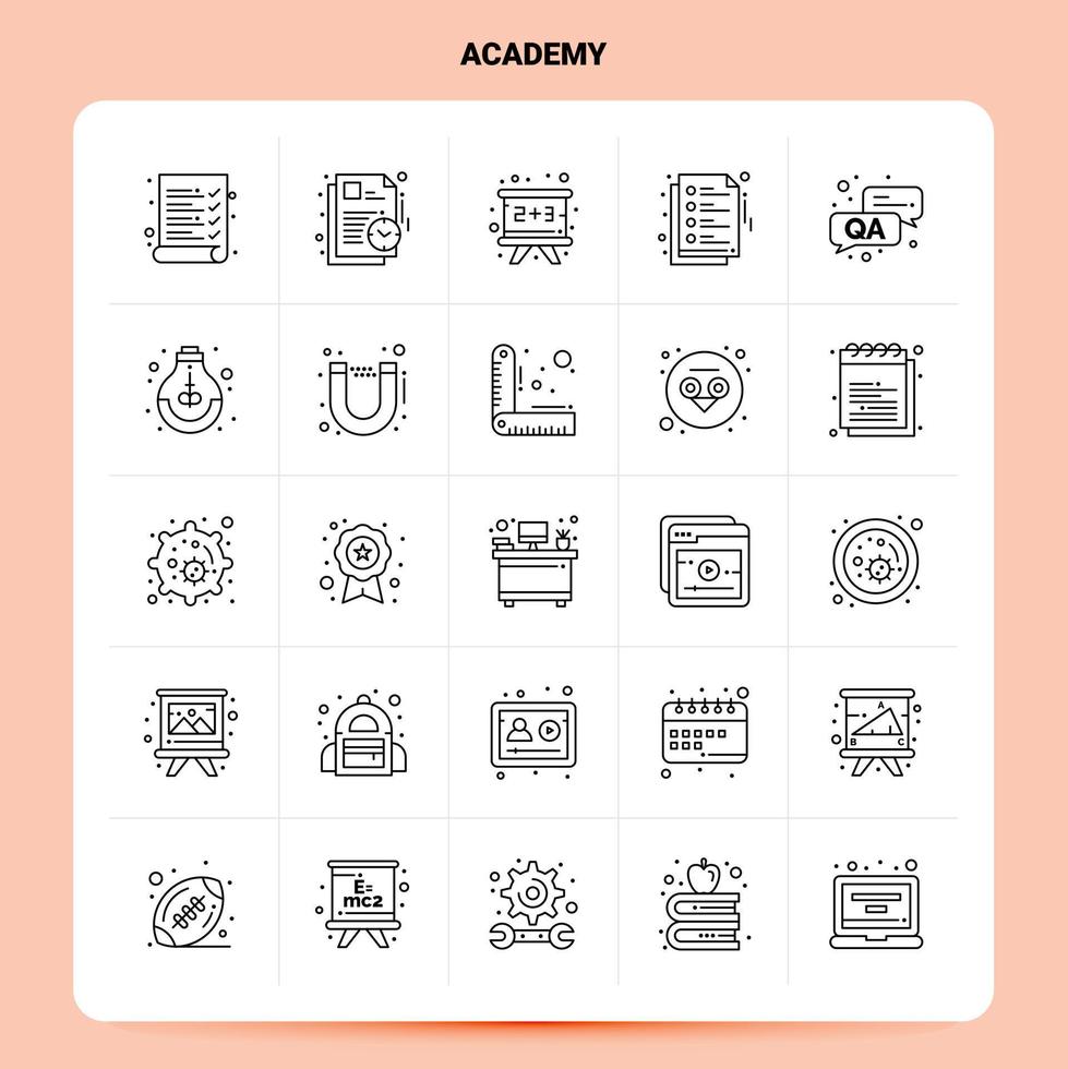 contour 25 jeu d'icônes de l'académie. ensemble d'icônes noires de conception de style de ligne vectorielle. pack de pictogrammes linéaires. illustration vectorielle de conception d'idées d'affaires web et mobiles. vecteur