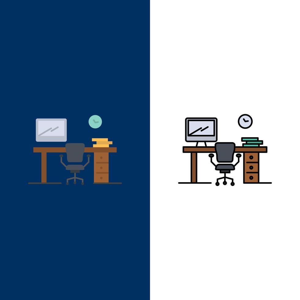 espace de bureau chaise bureau table salle icônes plat et ligne remplie icône ensemble vecteur fond bleu