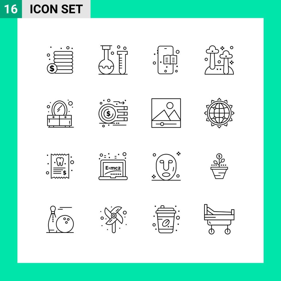 ensemble moderne de 16 contours pictogramme d'analyse commode chambre mobile champignon éléments de conception vectoriels modifiables vecteur