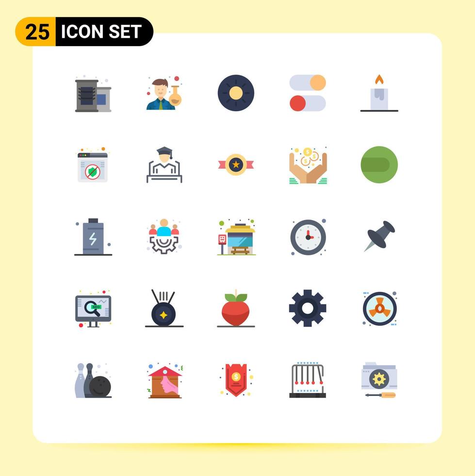 interface mobile couleur plate ensemble de 25 pictogrammes d'éléments de conception vectoriels modifiables par radio de bougie de soleil de feu non sécurisé vecteur