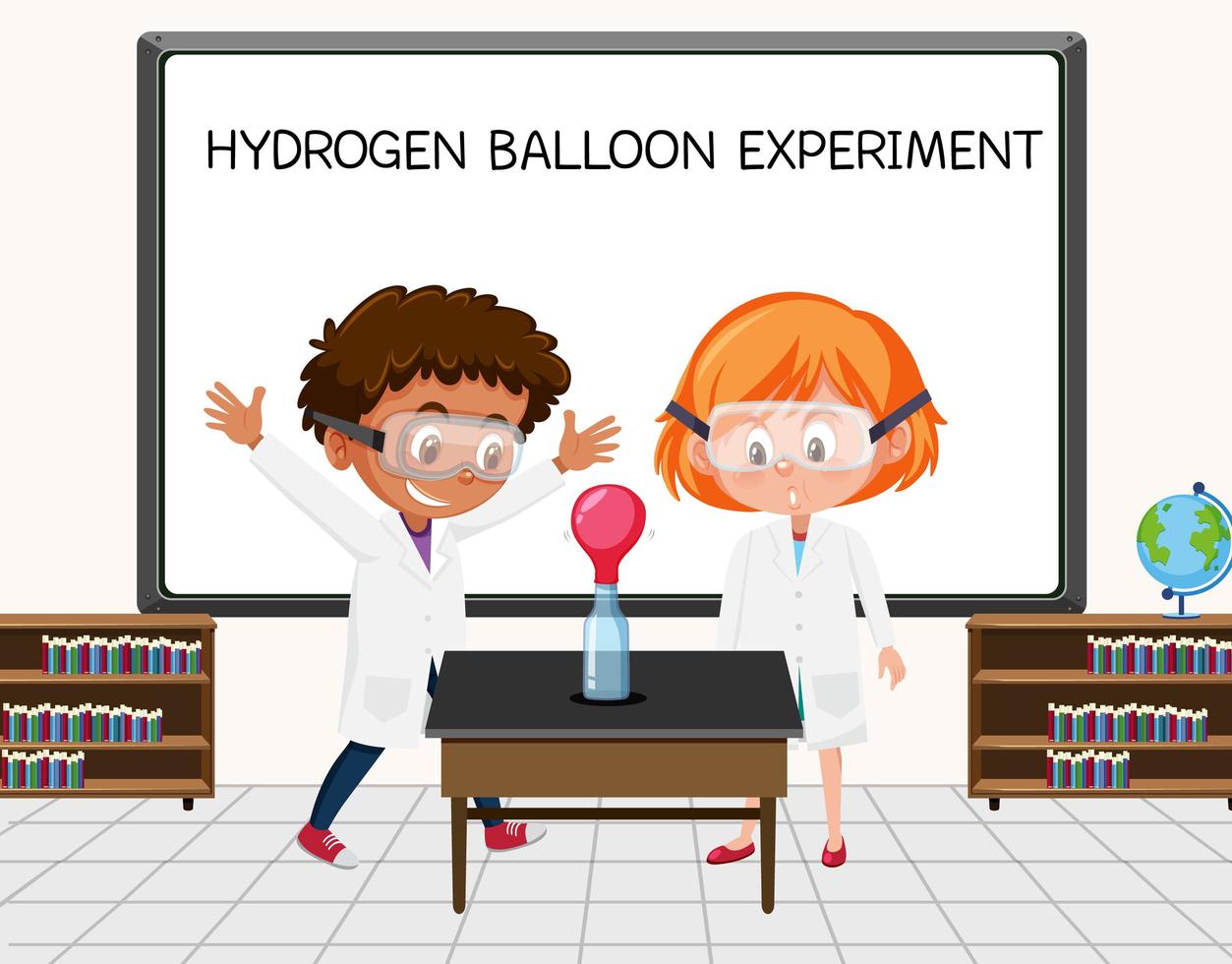 Jeune scientifique faisant l'expérience d'un ballon à hydrogène devant un tableau en laboratoire vecteur