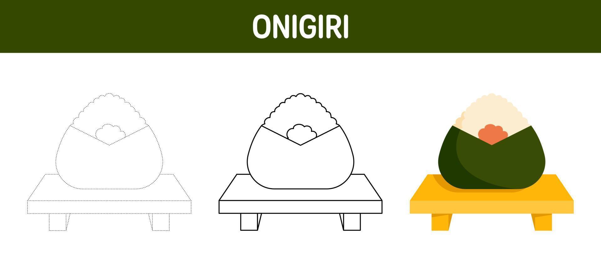 feuille de travail de traçage et de coloriage d'onigiri pour les enfants vecteur