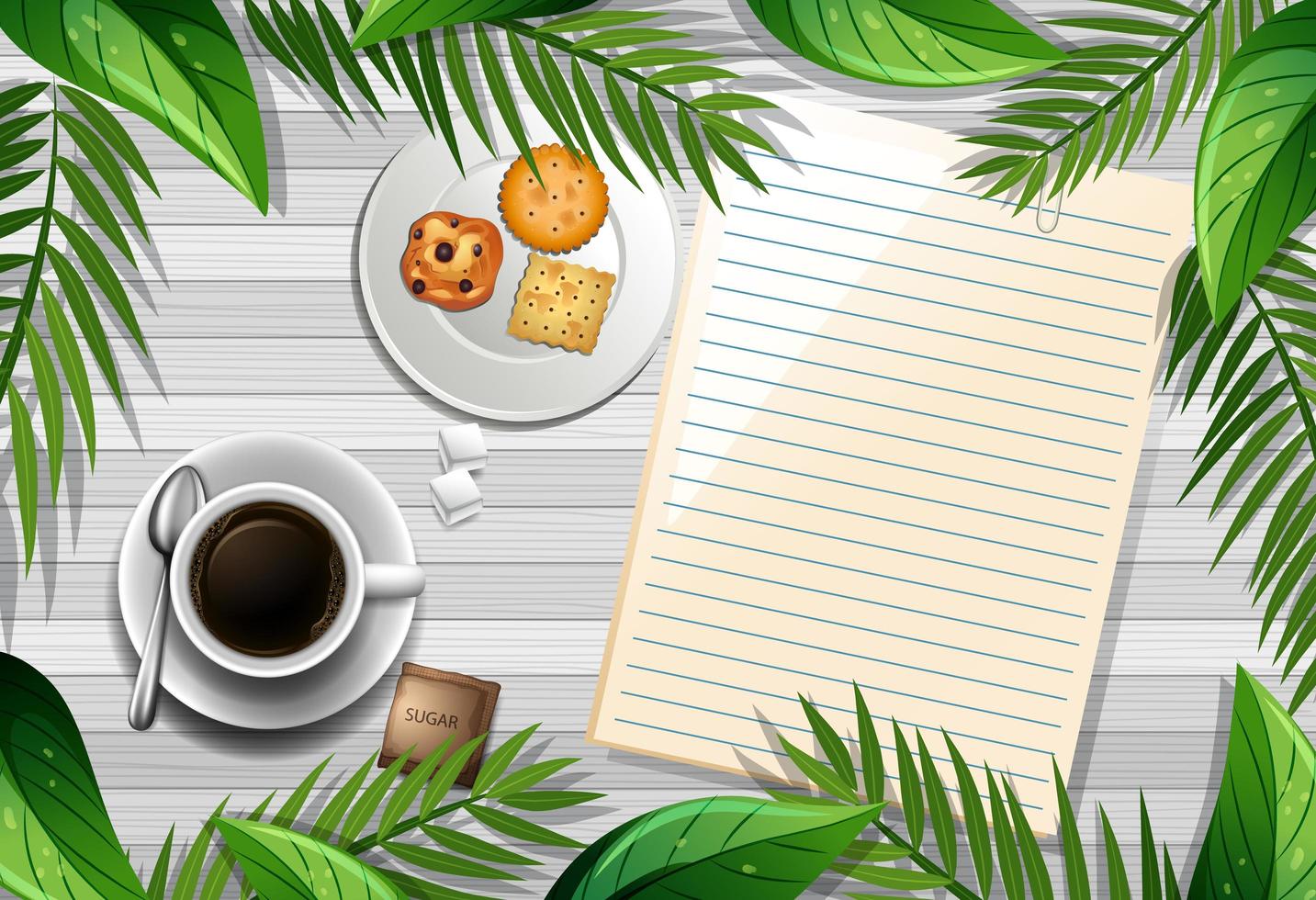 Vue de dessus de la table en bois avec du papier vierge et une tasse de café et élément de feuilles vecteur