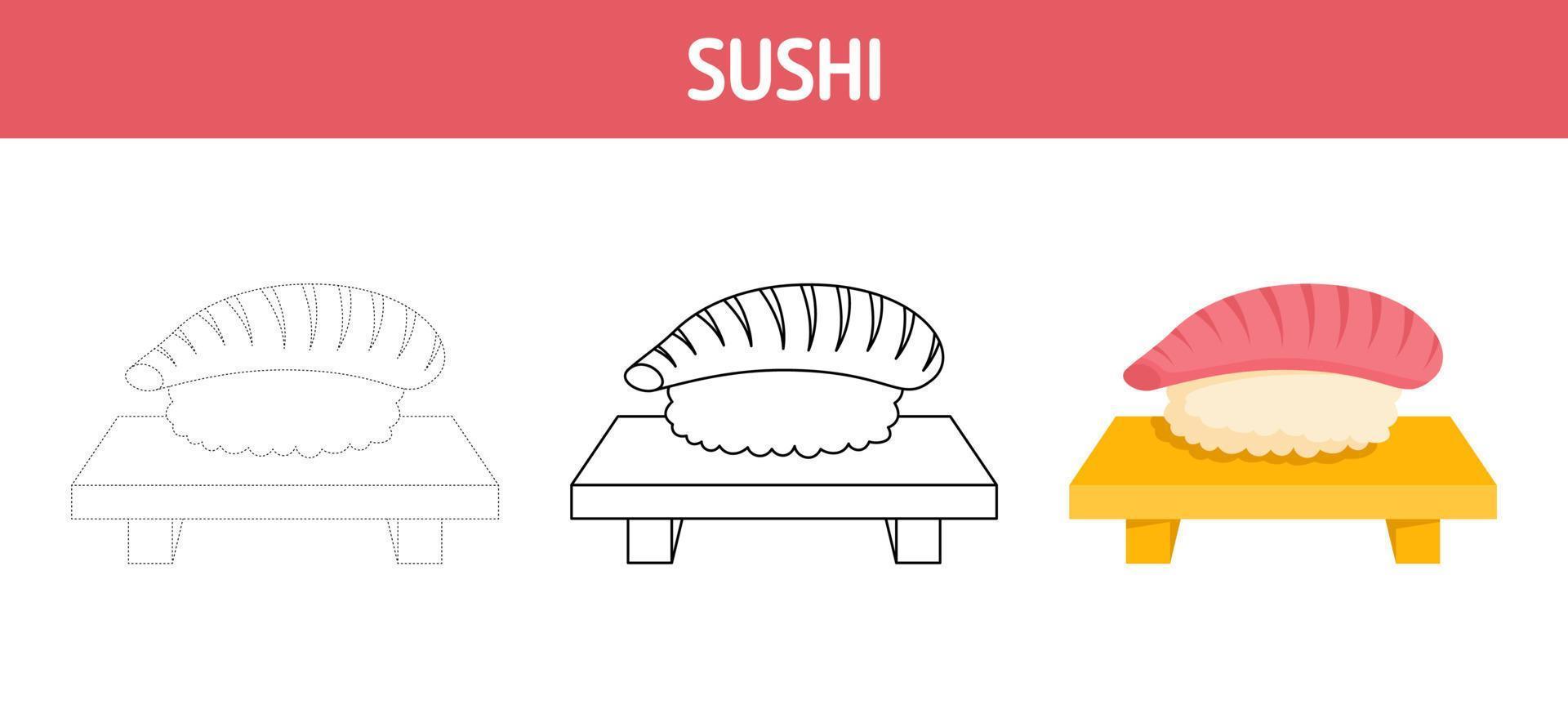 feuille de traçage et de coloriage de sushi pour les enfants vecteur