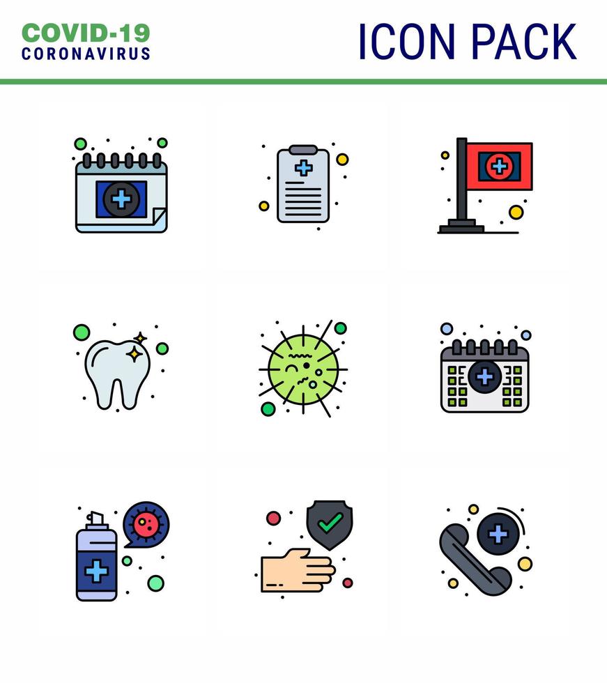 9 lignes remplies ensemble de couleurs plates d'icônes épidémiques de virus corona telles que virus mers drapeau grippe dent coronavirus viral 2019nov éléments de conception de vecteur de maladie