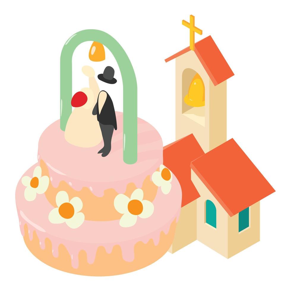 vecteur isométrique d'icône de concept de mariage. bâtiment d'église de gâteau de mariage avec beffroi