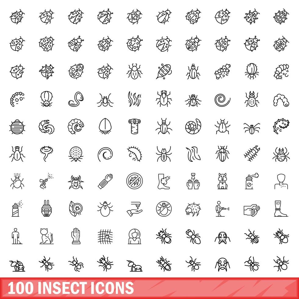 Ensemble de 100 icônes d'insectes, style de contour vecteur