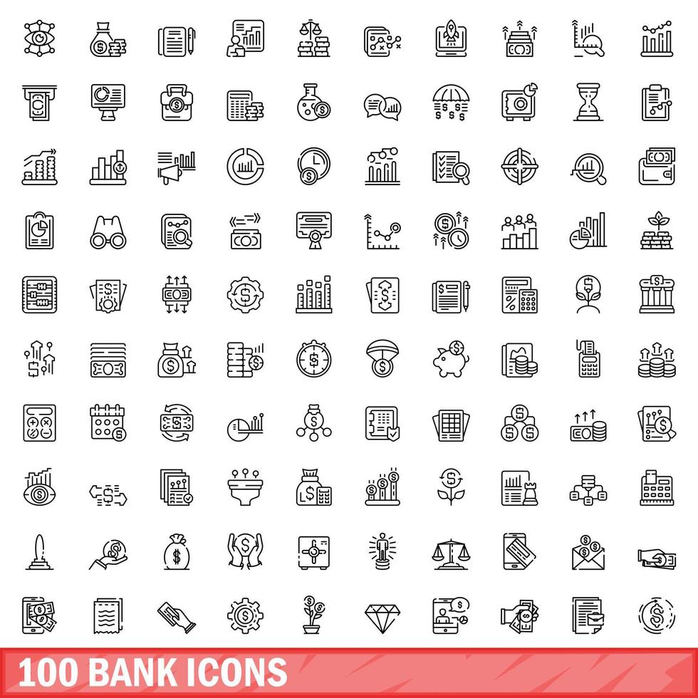 Ensemble de 100 icônes de banque, style de contour vecteur