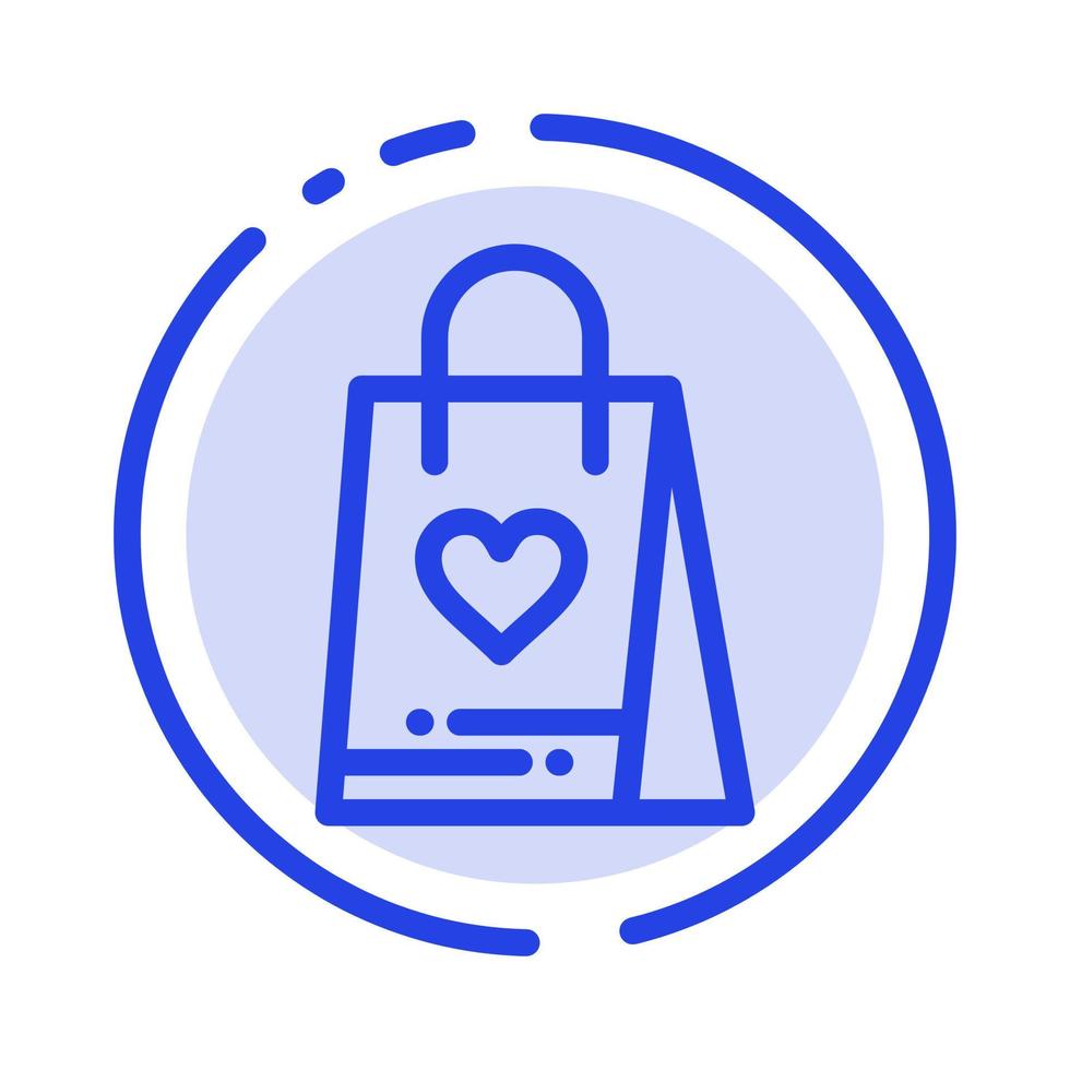 sac cadeau amour shopping icône de la ligne en pointillé bleu vecteur