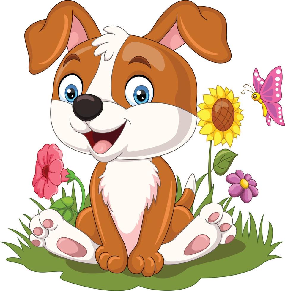 dessin animé mignon petit chien assis dans l'herbe vecteur