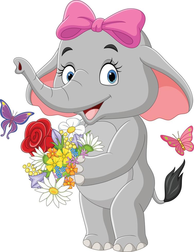 dessin animé mignon d'éléphant tenant des fleurs vecteur