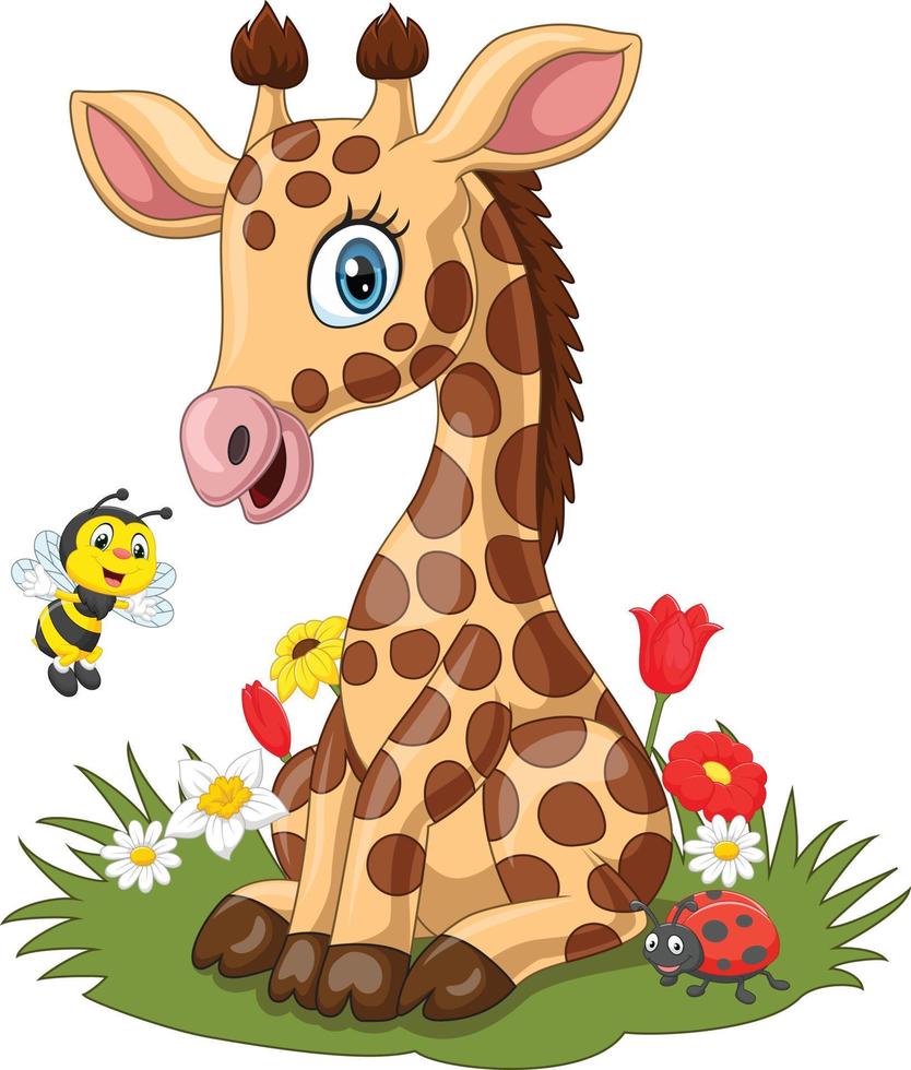 dessin animé petite girafe avec abeille dans l'herbe vecteur