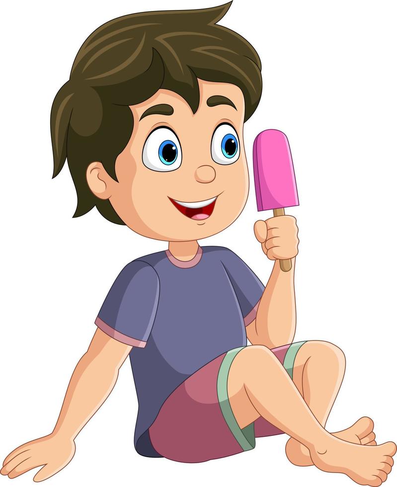 dessin animé petit garçon tenant une glace vecteur