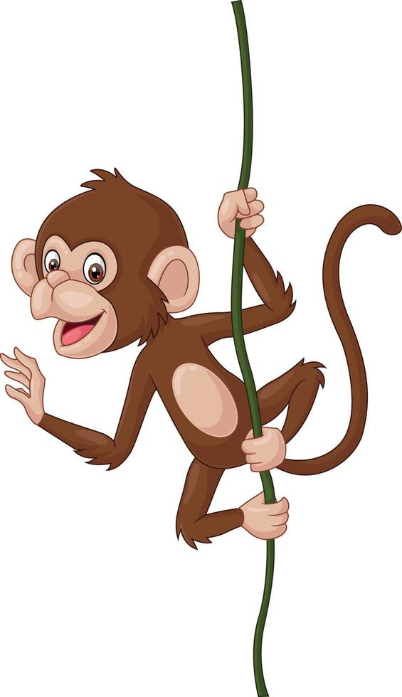 dessin animé bébé singe suspendu à une branche d'arbre vecteur