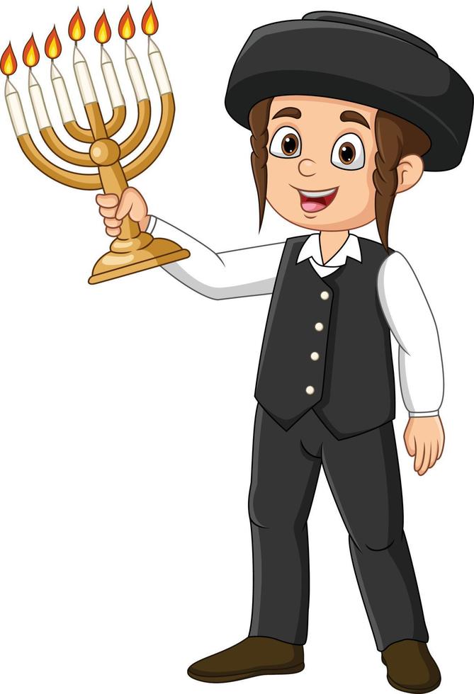 heureuse fille juive tenant des lumières bougies de hanukkah vecteur