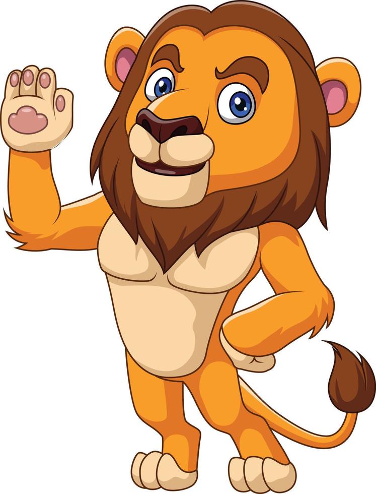 dessin animé drôle lion agitant la main vecteur