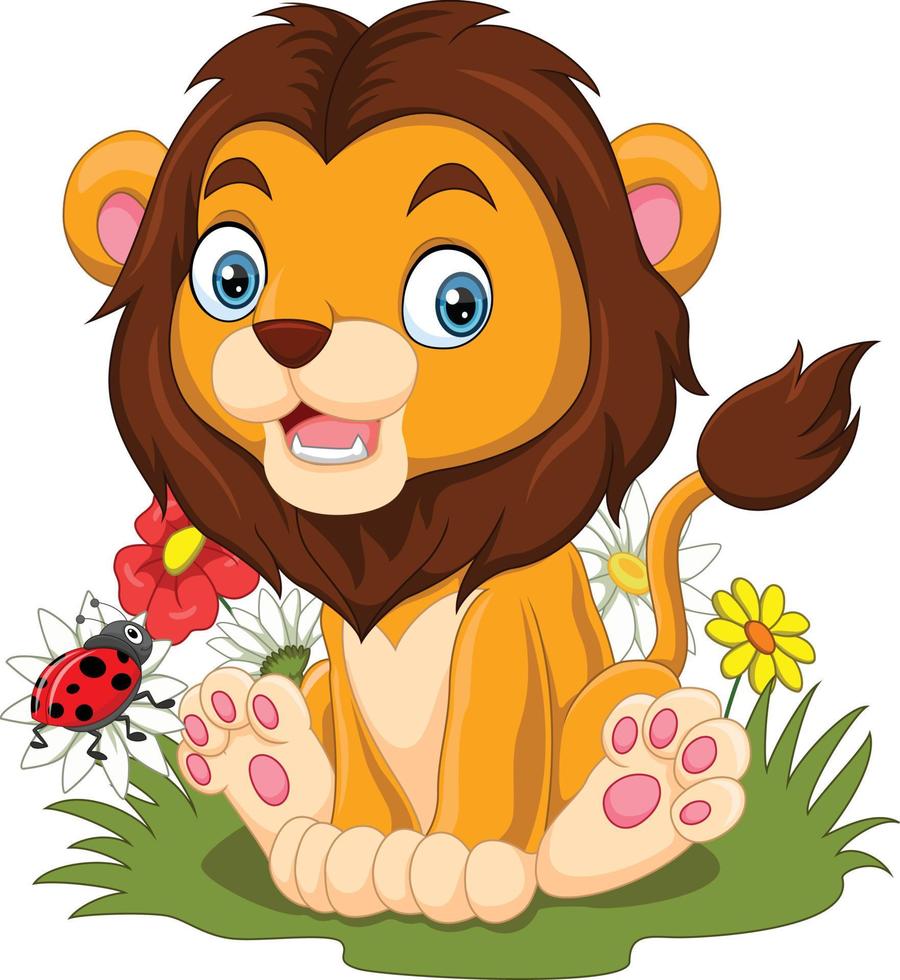 dessin animé petit lion assis dans l'herbe vecteur