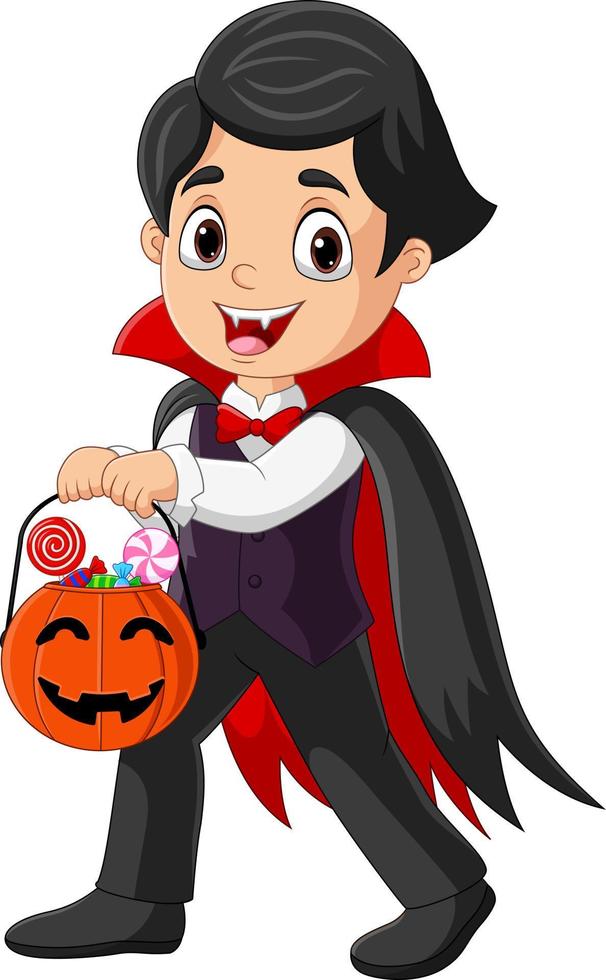 dessin animé vampire garçon tenant des bonbons dans un panier de citrouille vecteur