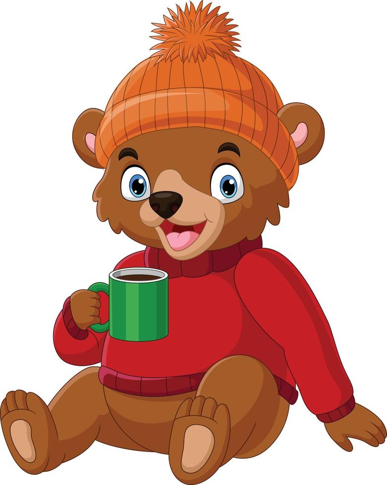 ours de dessin animé portant un pull et un chapeau tenant un café chaud vecteur