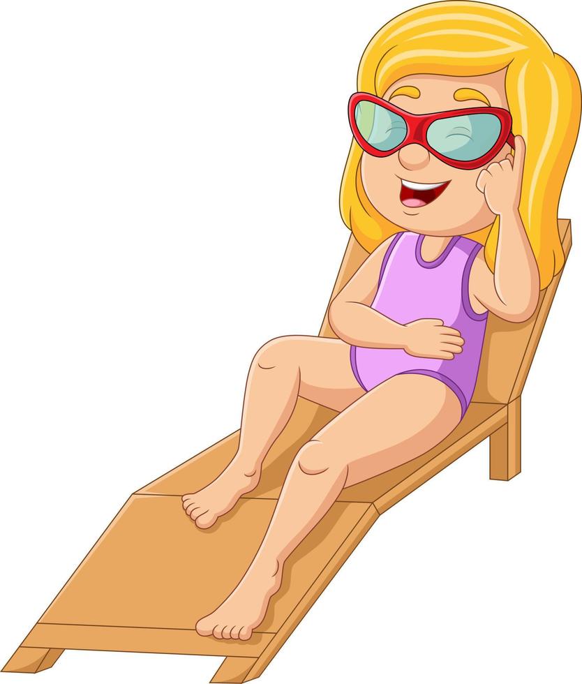 dessin animé petite fille relaxante sur une chaise de plage vecteur