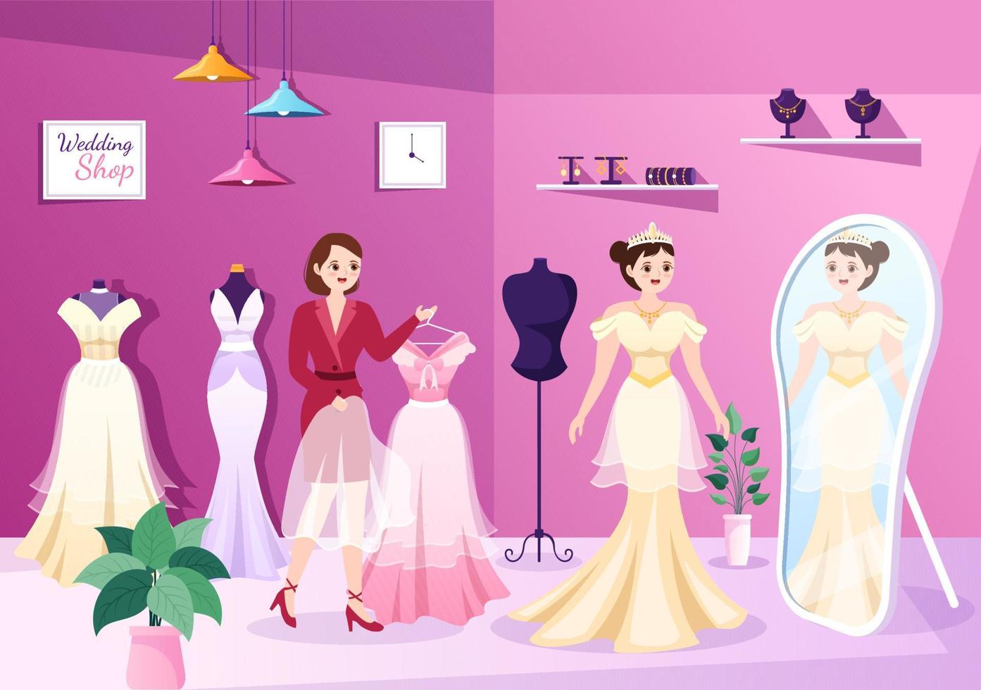 boutique de mariage avec bijoux, belles robes de mariée et accessoires adaptés à l'affiche en illustration de modèle dessiné à la main dessin animé plat vecteur