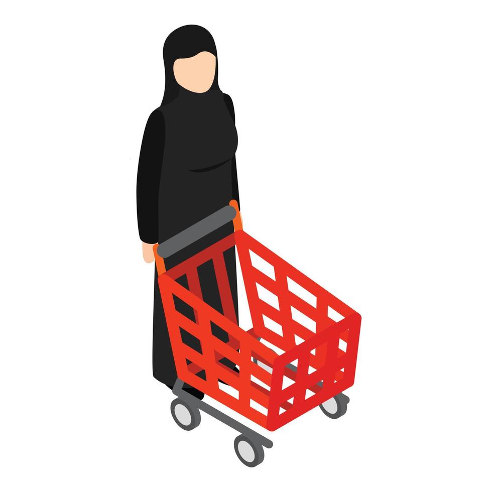 vecteur isométrique d'icône shopping dubai. femme musulmane portant un caddie rouge abaya