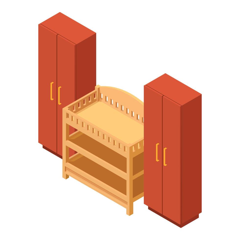 vecteur isométrique d'icône de meubles de bébé. table à langer en bois et armoire fermée