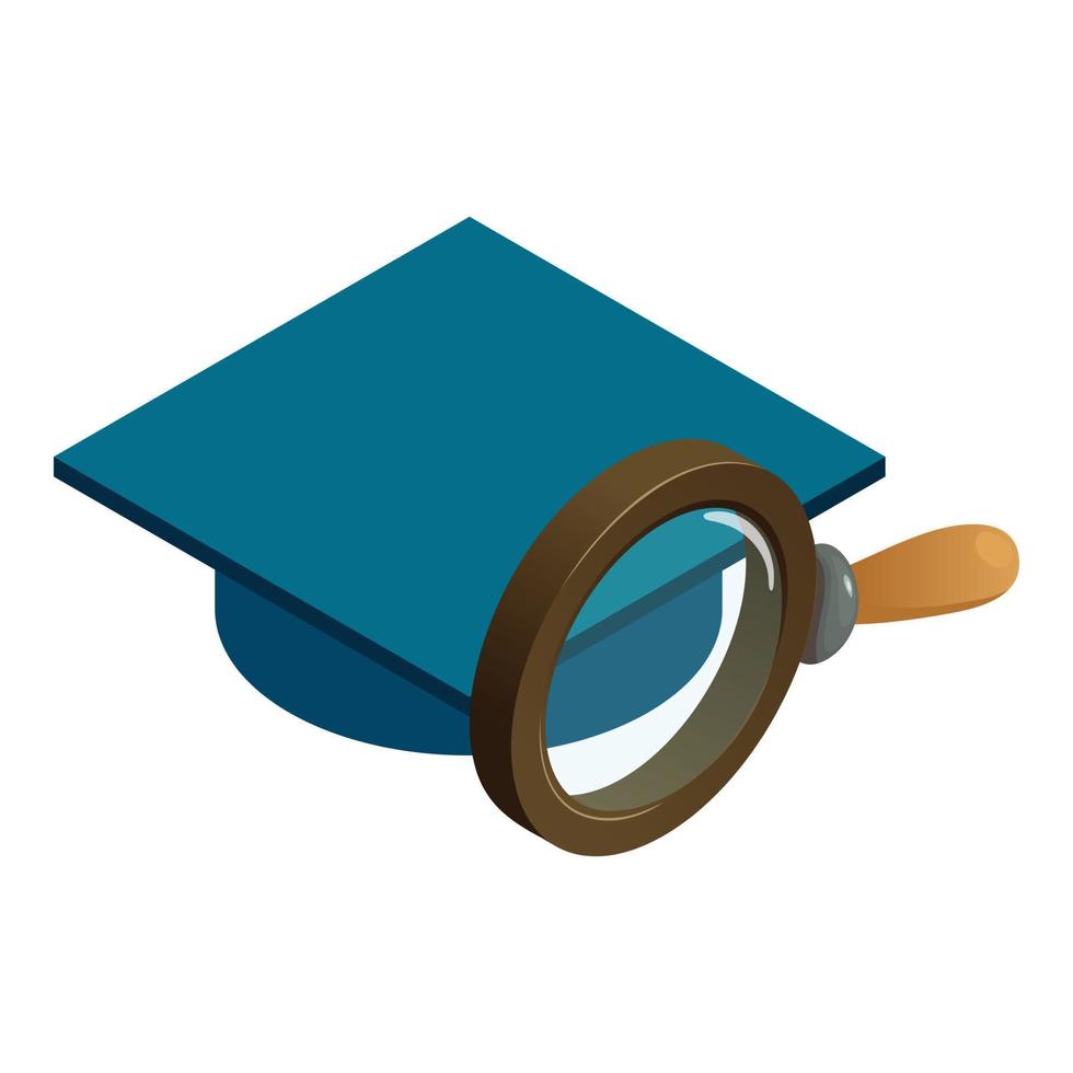 vecteur isométrique d'icône de symbole d'éducation. chapeau de graduation et icône en forme de loupe