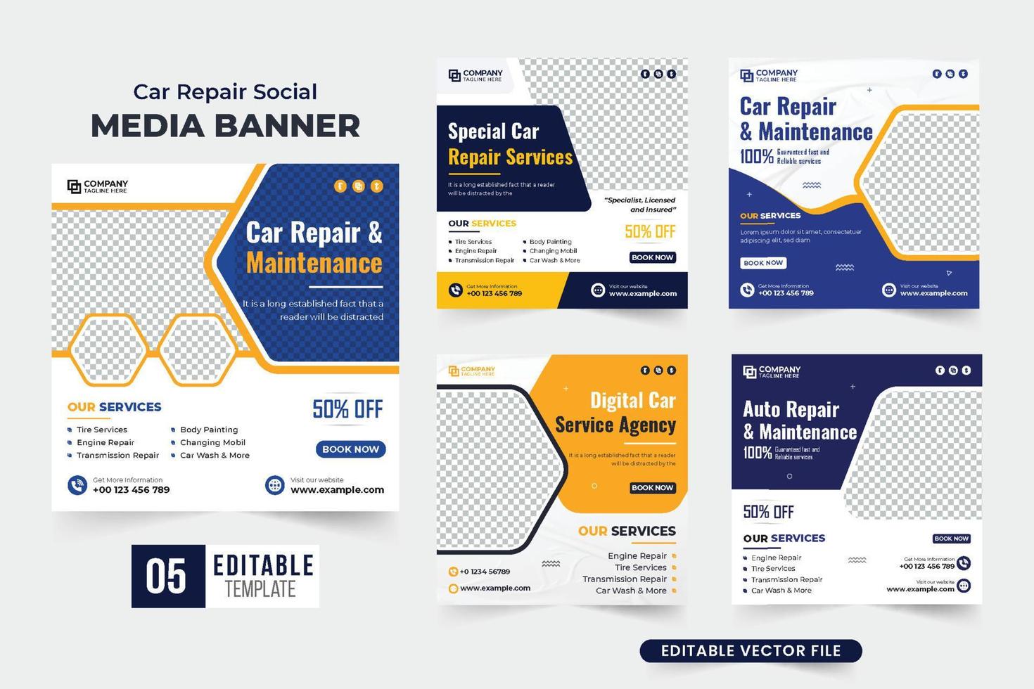 service de réparation et d'entretien automobile poste de médias sociaux set vector avec des couleurs jaunes et bleues. vecteur de collection de bannières web promotionnelles de gestion de véhicules. ensemble de modèles d'entreprise de réparation de voiture.