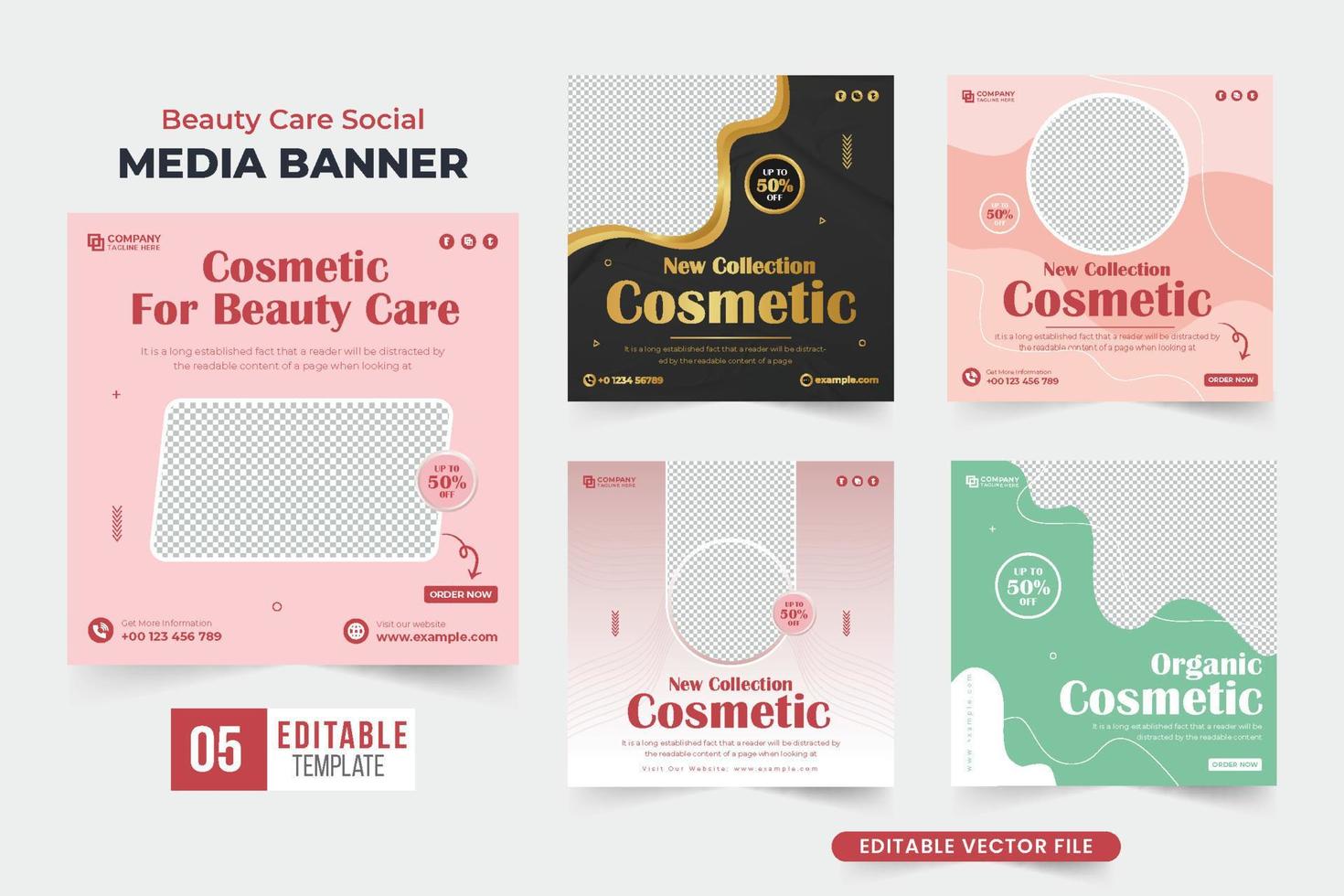 conception de collection de modèles de vente de produits cosmétiques et de beauté avec des couleurs roses et dorées. vecteur de bundle bannière web promotionnelle entreprise cosmétique moderne. vecteur de jeu de publication de médias sociaux de soins de la peau bio.