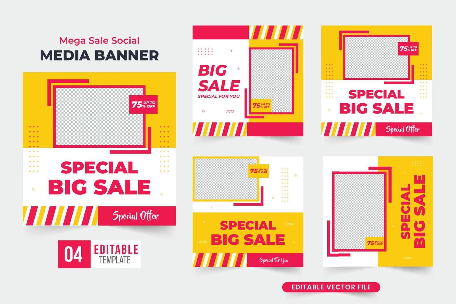 collection de publications sur les médias sociaux à grande vente avec des couleurs rouges et jaunes. vecteur de bundle de bannière web promotionnelle méga vente pour le marketing. conception de décor d'affiche publicitaire de magasin de mode pour les entreprises.