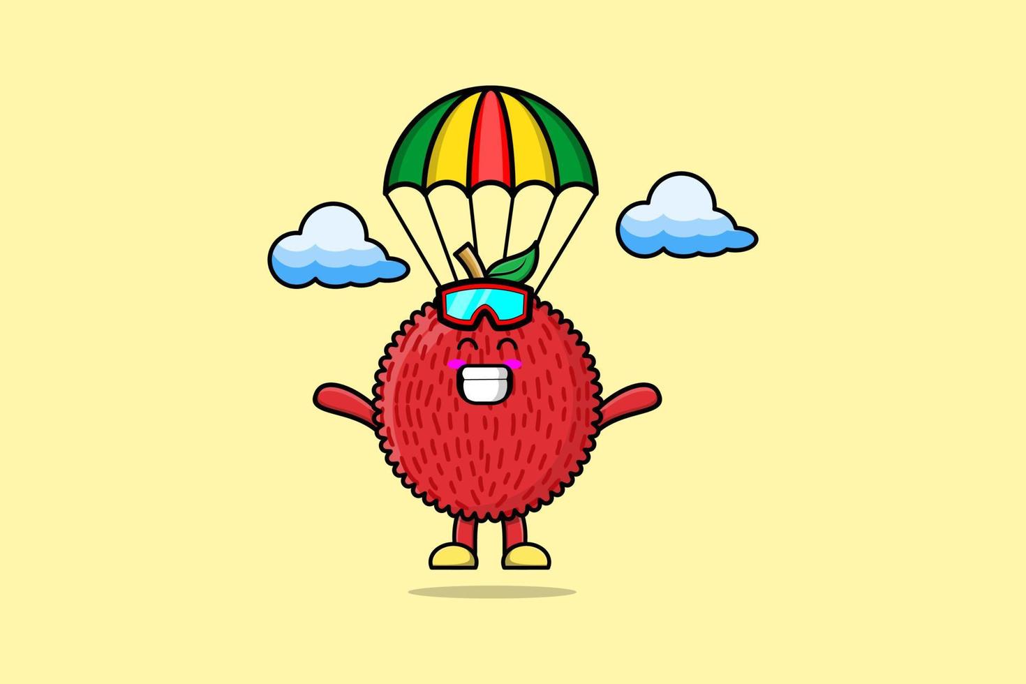 le litchi de dessin animé de mascotte fait du parachutisme avec un parachute vecteur