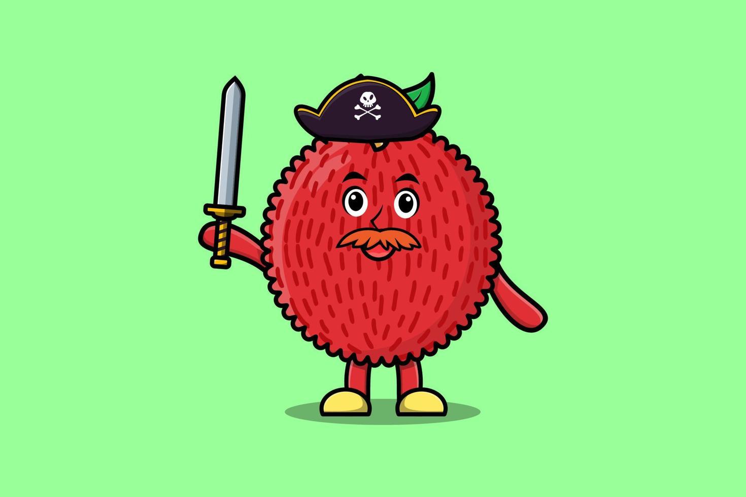 personnage de dessin animé mignon litchi pirate tenant une épée vecteur