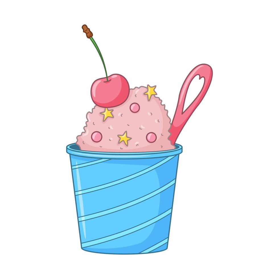 crème glacée rose avec pépites, cerise et jolie cuillère dans un seau. dessert froid laitier. aliments sucrés de saison. doodle coloré illustration vectorielle dessinés à la main isolé sur fond blanc. style de bande dessinée vecteur