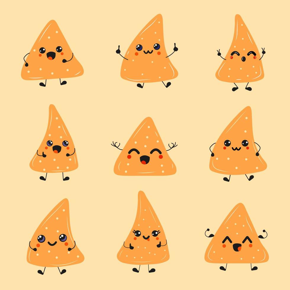 collection de jeu de nachos drôles et heureux mignons. emoji positif de nourriture heureuse, kawaii drôle vecteur