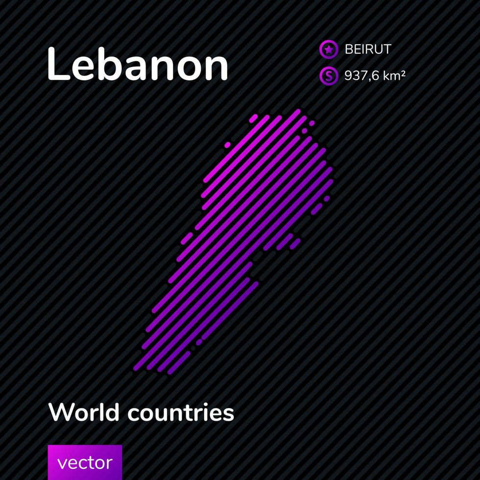 carte plate vectorielle du liban avec texture rayée violette, violette, rose sur fond noir. bannière éducative, affiche sur le liban vecteur