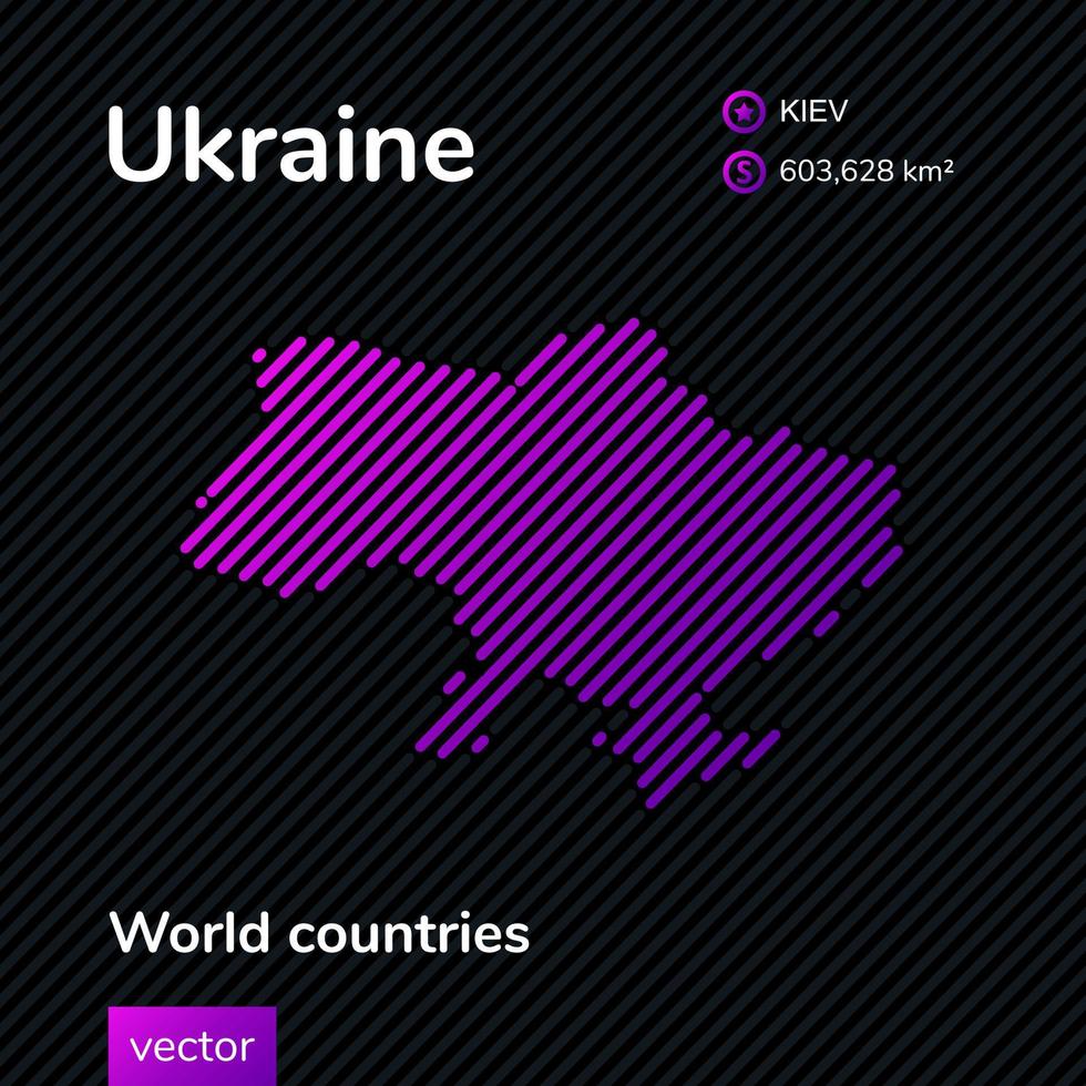 carte ukrainienne. Vector creative digital neon flat line art abstrait carte simple avec texture rayée violet, violet, rose sur fond noir. bannière éducative, affiche sur l'ukraine