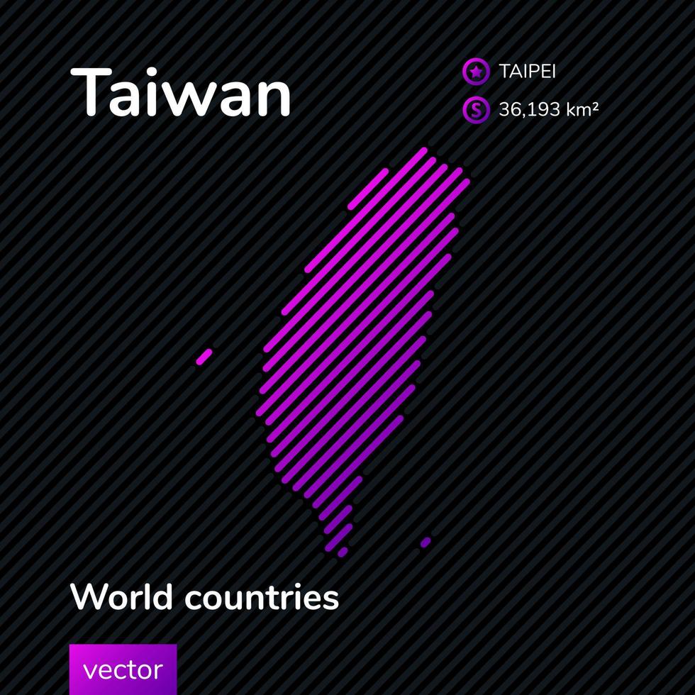 carte plate au néon numérique créatif vectoriel de taiwan avec texture rayée violet, violet, rose sur fond noir. bannière éducative, affiche sur taiwan